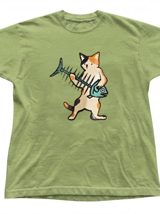 Gildan Tops - Cute Calico Cat Fish Skeleton Graphic Tee Green Gildan T-Shirt
